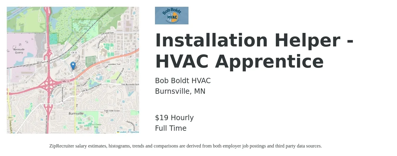 Bob Boldt HVAC job posting for a Installation Helper - HVAC Apprentice in Burnsville, MN with a salary of $20 Hourly with a map of Burnsville location.