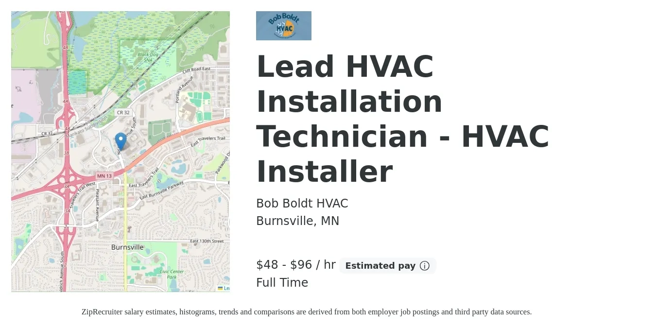 Bob Boldt HVAC job posting for a Lead HVAC Installation Technician - HVAC Installer in Burnsville, MN with a salary of $50 to $100 Hourly with a map of Burnsville location.