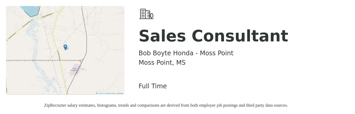Bob Boyte Honda - Moss Point job posting for a Sales Consultant in Moss Point, MS with a salary of $33,200 to $65,200 Yearly with a map of Moss Point location.