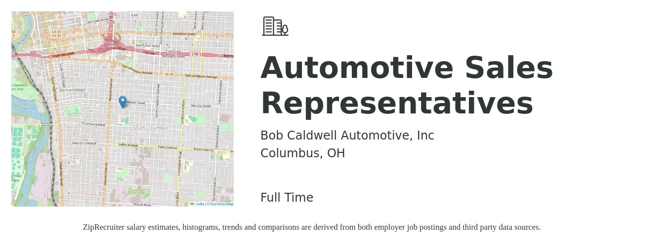 Bob Caldwell Automotive, Inc job posting for a Automotive Sales Representatives in Columbus, OH with a salary of $36,700 to $73,400 Yearly with a map of Columbus location.
