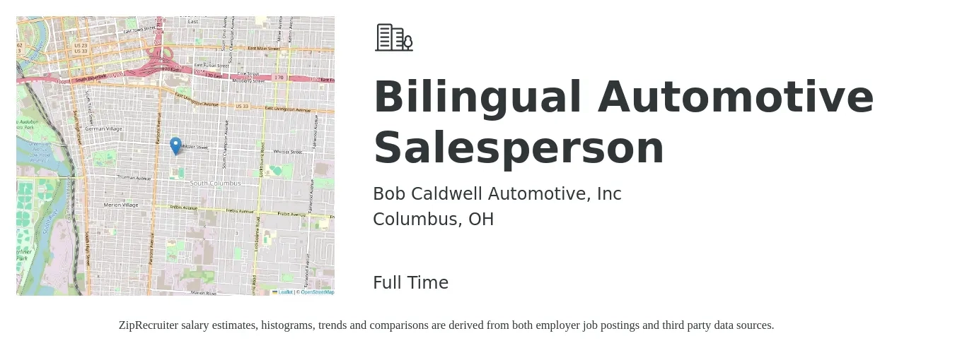 Bob Caldwell Automotive, Inc job posting for a Bilingual Automotive Salesperson in Columbus, OH with a salary of $16 to $29 Hourly with a map of Columbus location.