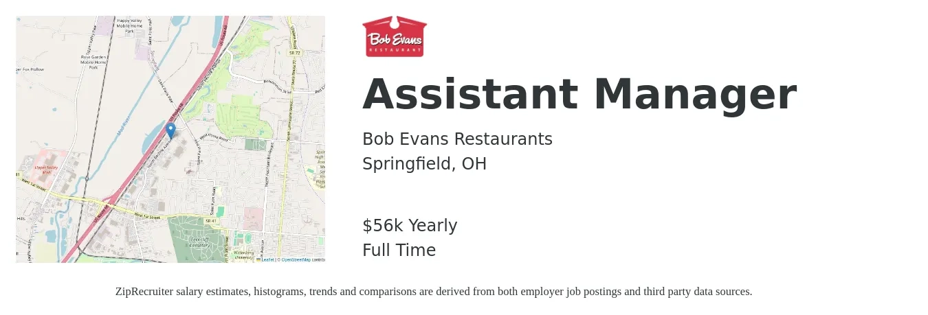 Bob Evans Restaurants job posting for a Assistant Manager in Springfield, OH with a salary of $56,000 Yearly with a map of Springfield location.