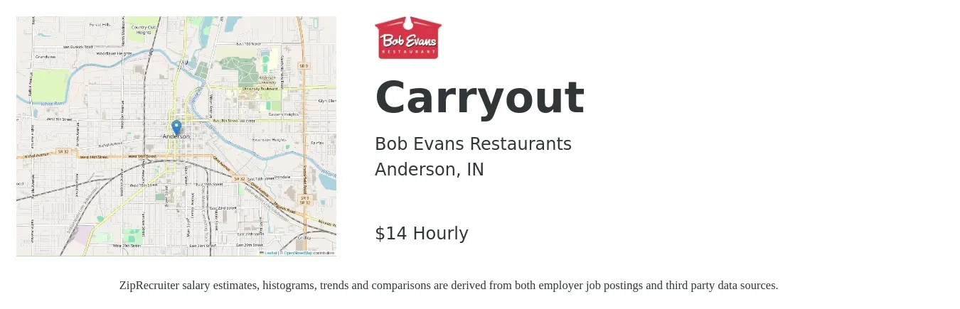 Bob Evans Restaurants job posting for a Carryout in Anderson, IN with a salary of $15 Hourly with a map of Anderson location.