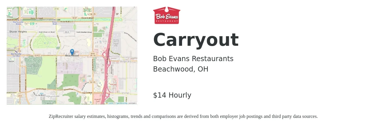 Bob Evans Restaurants job posting for a Carryout in Beachwood, OH with a salary of $15 Hourly with a map of Beachwood location.