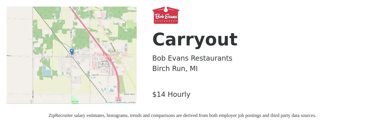 Bob Evans Restaurants job posting for a Carryout in Birch Run, MI with a salary of $15 Hourly with a map of Birch Run location.