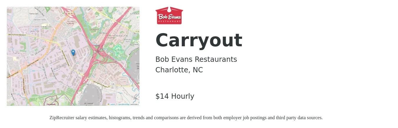 Bob Evans Restaurants job posting for a Carryout in Charlotte, NC with a salary of $15 Hourly with a map of Charlotte location.