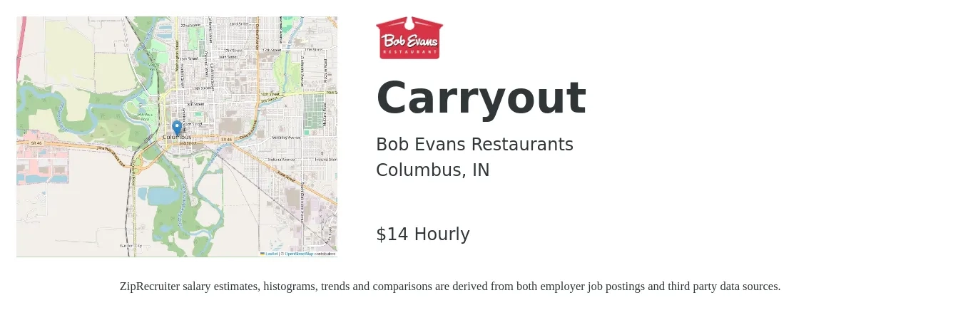Bob Evans Restaurants job posting for a Carryout in Columbus, IN with a salary of $15 Hourly with a map of Columbus location.