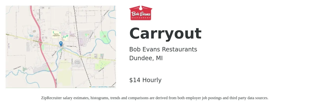 Bob Evans Restaurants job posting for a Carryout in Dundee, MI with a salary of $15 Hourly with a map of Dundee location.