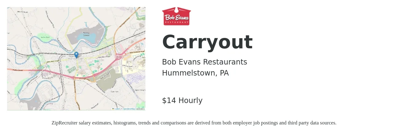 Bob Evans Restaurants job posting for a Carryout in Hummelstown, PA with a salary of $15 Hourly with a map of Hummelstown location.