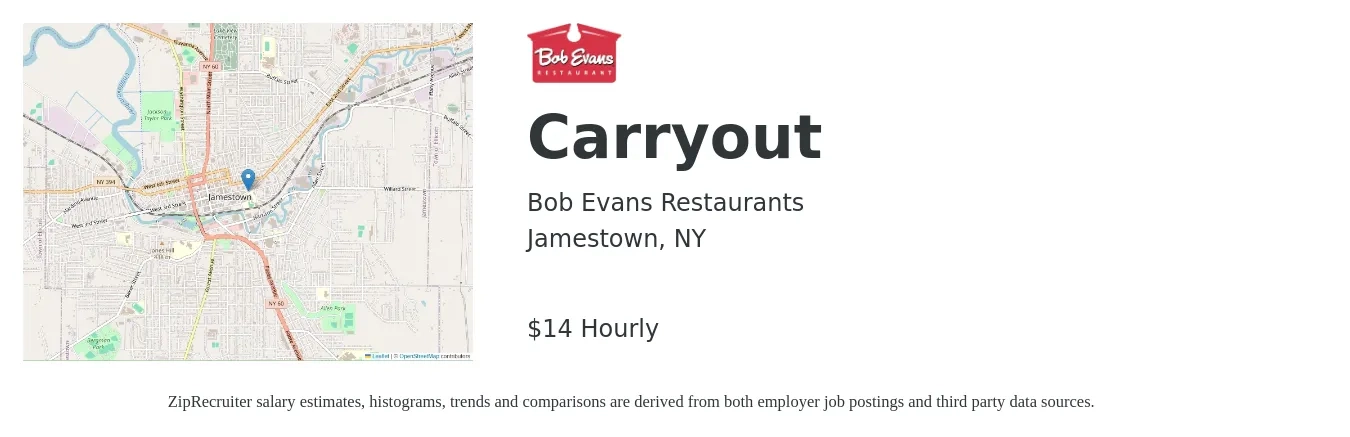Bob Evans Restaurants job posting for a Carryout in Jamestown, NY with a salary of $15 Hourly with a map of Jamestown location.