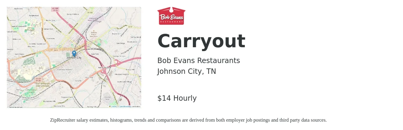 Bob Evans Restaurants job posting for a Carryout in Johnson City, TN with a salary of $15 Hourly with a map of Johnson City location.