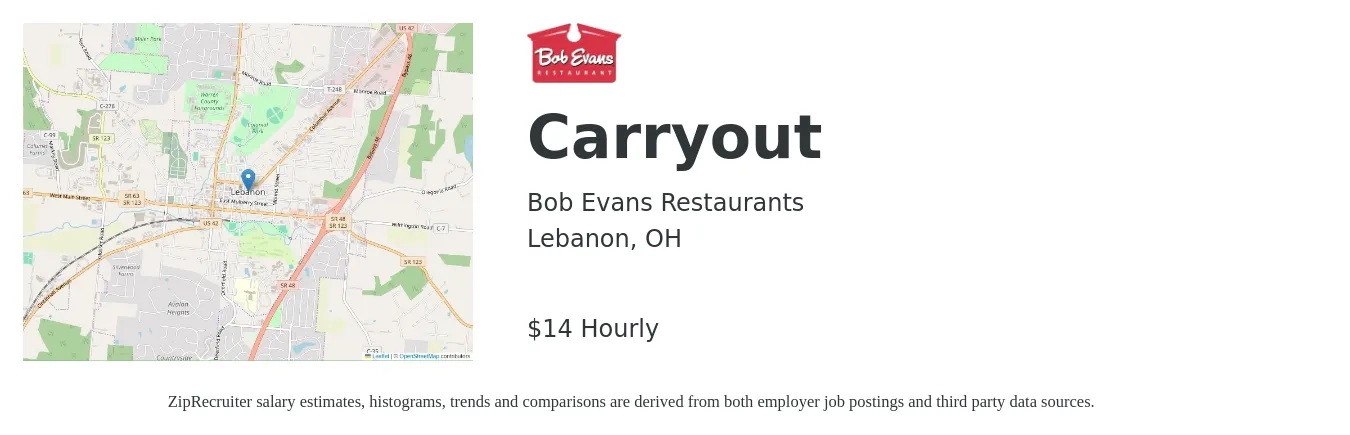 Bob Evans Restaurants job posting for a Carryout in Lebanon, OH with a salary of $15 Hourly with a map of Lebanon location.