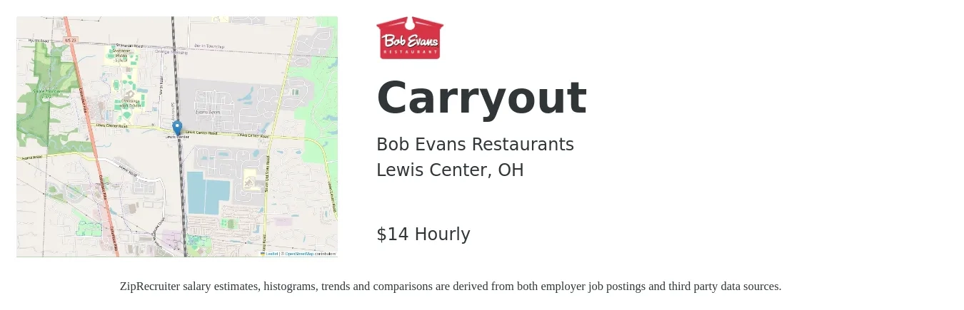 Bob Evans Restaurants job posting for a Carryout in Lewis Center, OH with a salary of $15 Hourly with a map of Lewis Center location.