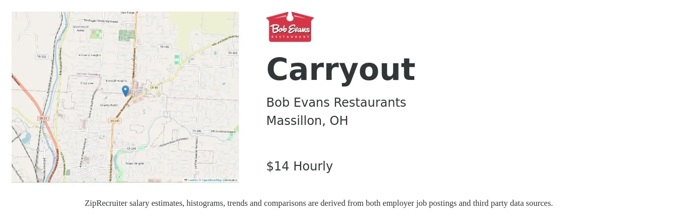 Bob Evans Restaurants job posting for a Carryout in Massillon, OH with a salary of $15 Hourly with a map of Massillon location.