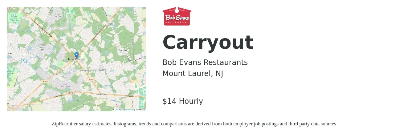 Bob Evans Restaurants job posting for a Carryout in Mount Laurel, NJ with a salary of $15 Hourly with a map of Mount Laurel location.