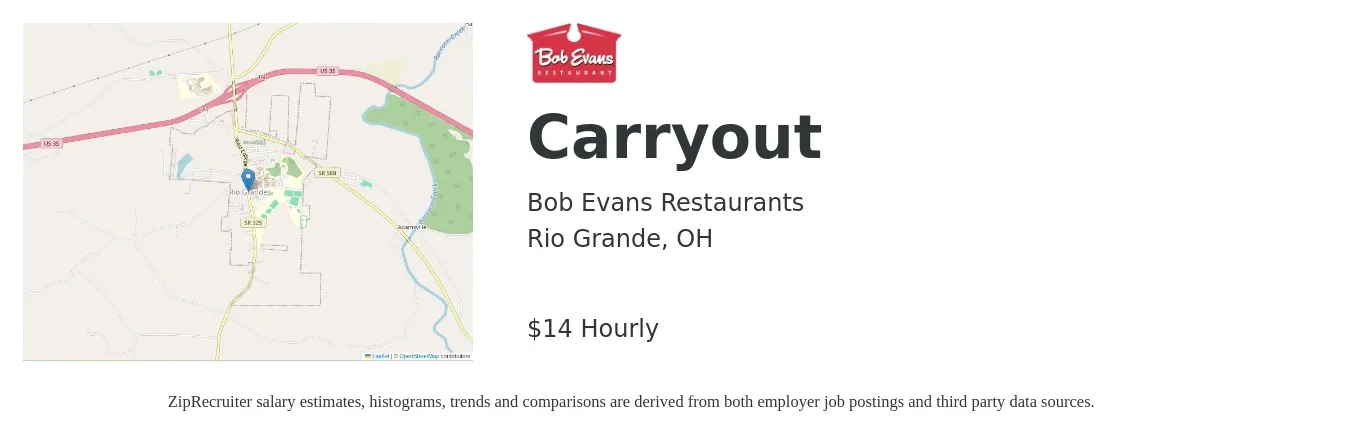 Bob Evans Restaurants job posting for a Carryout in Rio Grande, OH with a salary of $15 Hourly with a map of Rio Grande location.
