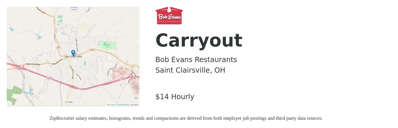 Bob Evans Restaurants job posting for a Carryout in Saint Clairsville, OH with a salary of $15 Hourly with a map of Saint Clairsville location.