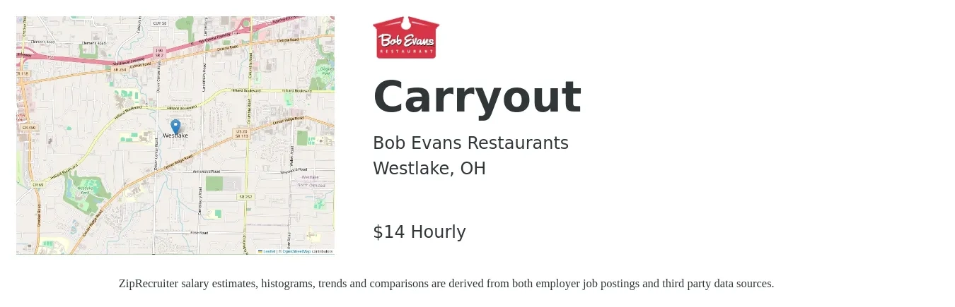 Bob Evans Restaurants job posting for a Carryout in Westlake, OH with a salary of $19,604 to $22,796 Yearly with a map of Westlake location.