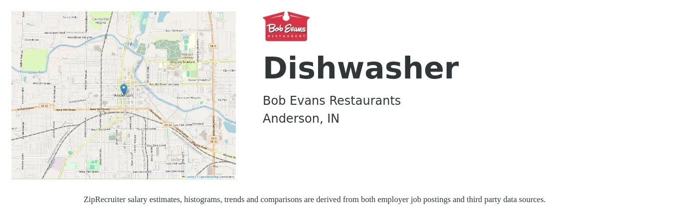 Bob Evans Restaurants job posting for a Dishwasher in Anderson, IN with a salary of $11 to $14 Hourly with a map of Anderson location.
