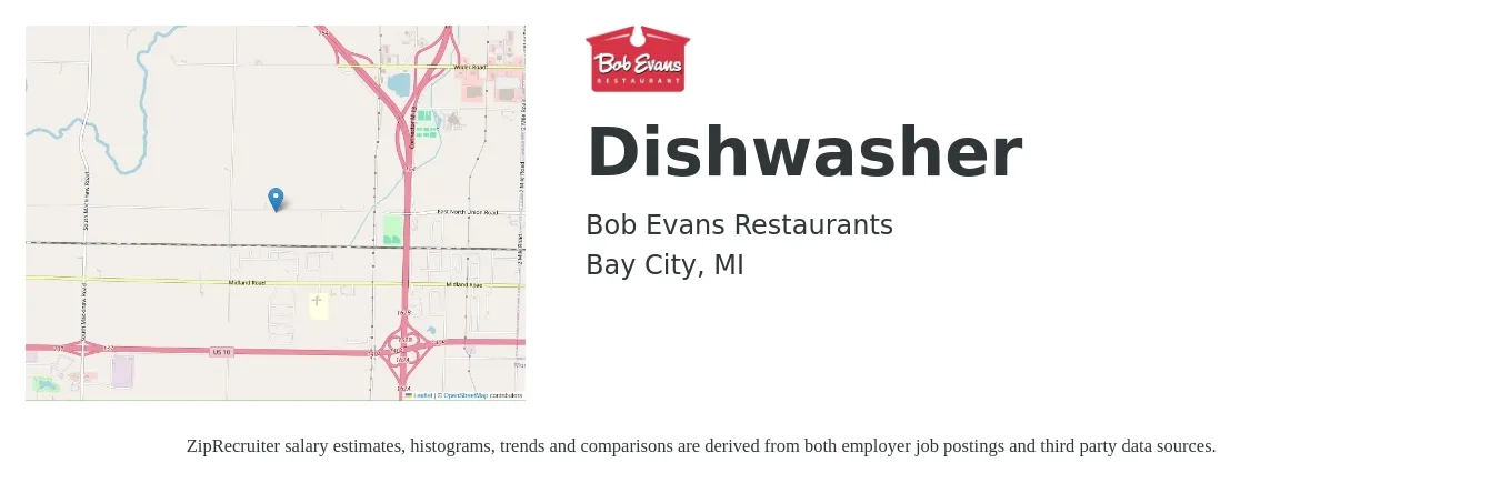 Bob Evans Restaurants job posting for a Dishwasher in Bay City, MI with a salary of $11 to $14 Hourly with a map of Bay City location.