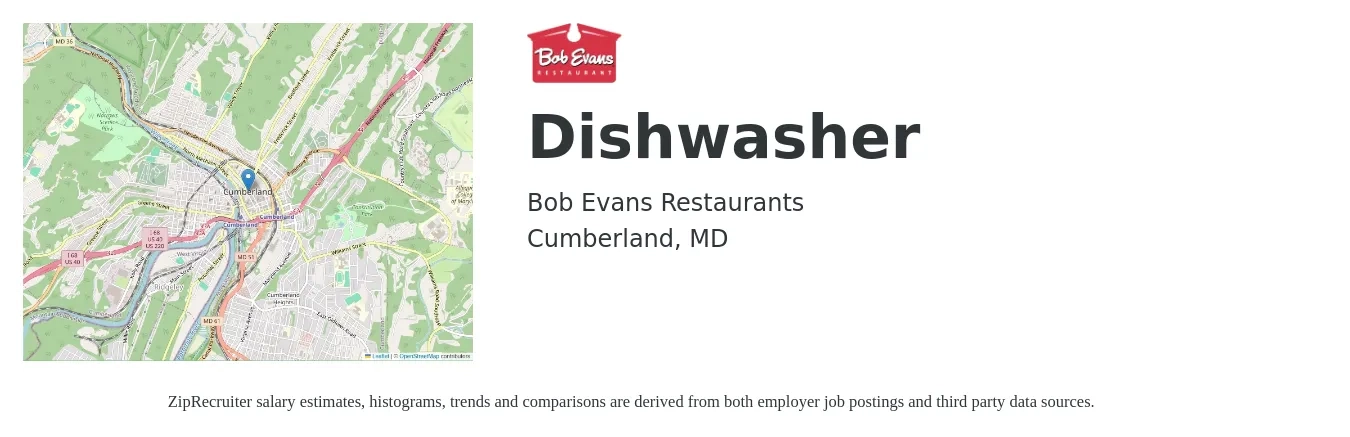 Bob Evans Restaurants job posting for a Dishwasher in Cumberland, MD with a salary of $13 to $16 Hourly with a map of Cumberland location.