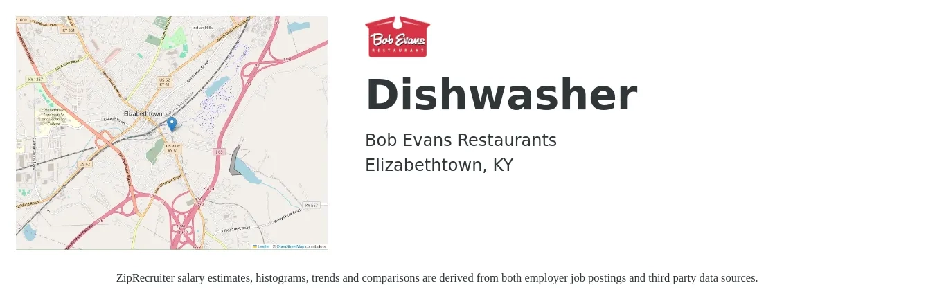 Bob Evans Restaurants job posting for a Dishwasher in Elizabethtown, KY with a salary of $12 to $16 Hourly with a map of Elizabethtown location.