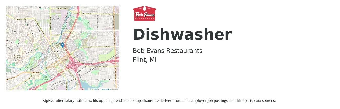 Bob Evans Restaurants job posting for a Dishwasher in Flint, MI with a salary of $13 to $16 Hourly with a map of Flint location.