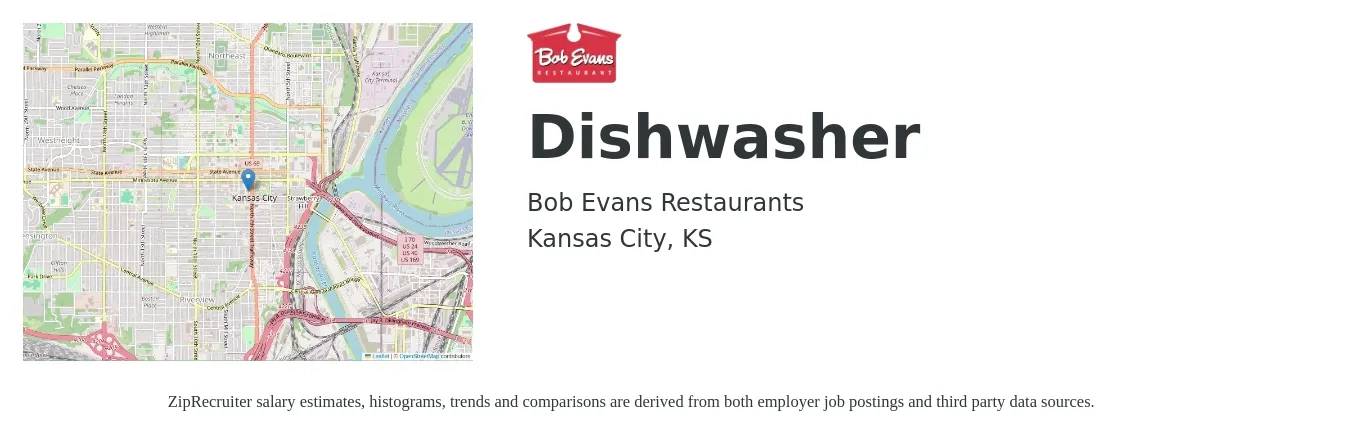 Bob Evans Restaurants job posting for a Dishwasher in Kansas City, KS with a salary of $12 to $16 Hourly with a map of Kansas City location.