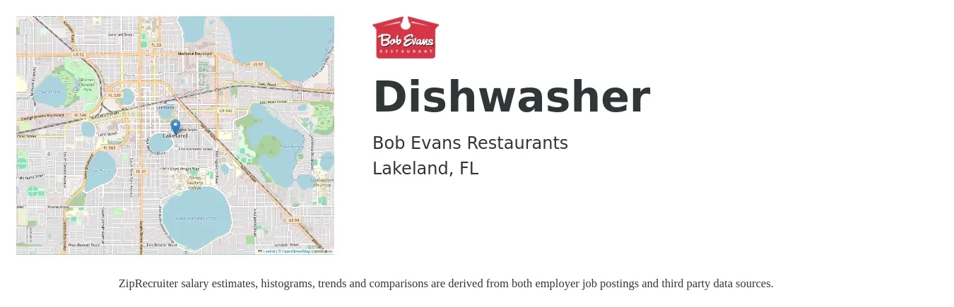 Bob Evans Restaurants job posting for a Dishwasher in Lakeland, FL with a salary of $12 to $16 Hourly with a map of Lakeland location.
