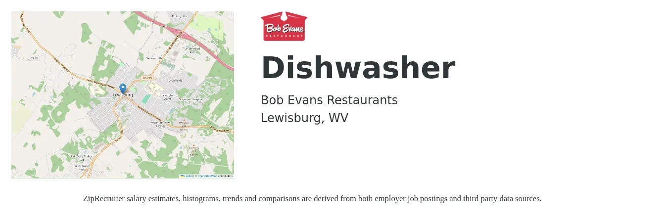 Bob Evans Restaurants job posting for a Dishwasher in Lewisburg, WV with a salary of $11 to $14 Hourly with a map of Lewisburg location.
