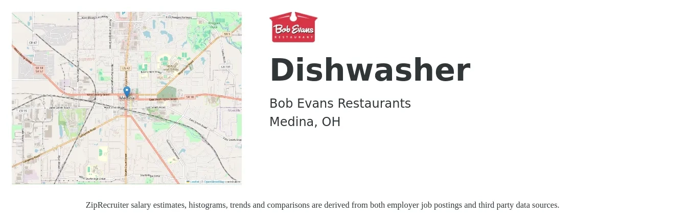 Bob Evans Restaurants job posting for a Dishwasher in Medina, OH with a salary of $12 to $15 Hourly with a map of Medina location.