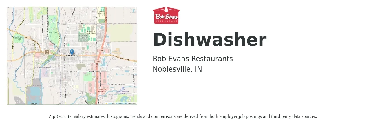Bob Evans Restaurants job posting for a Dishwasher in Noblesville, IN with a salary of $12 to $16 Hourly with a map of Noblesville location.
