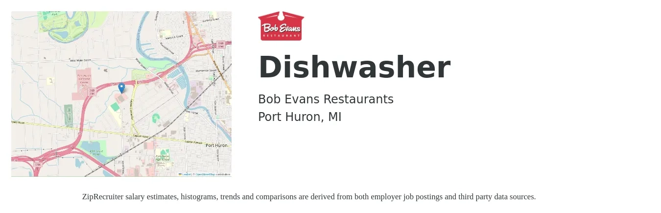 Bob Evans Restaurants job posting for a Dishwasher in Port Huron, MI with a salary of $12 to $16 Hourly with a map of Port Huron location.