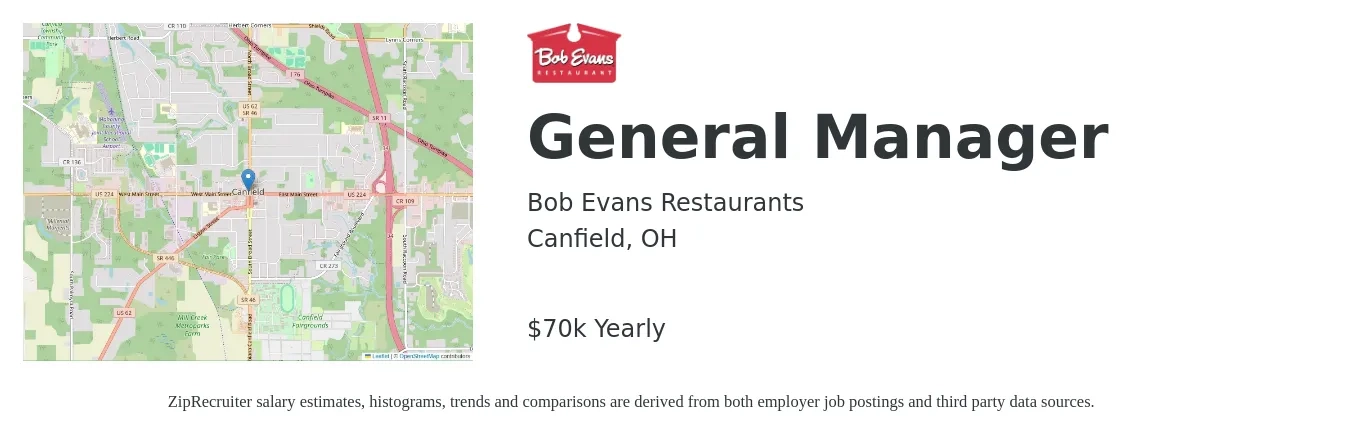 Bob Evans Restaurants job posting for a General Manager in Canfield, OH with a salary of $70,000 Yearly with a map of Canfield location.