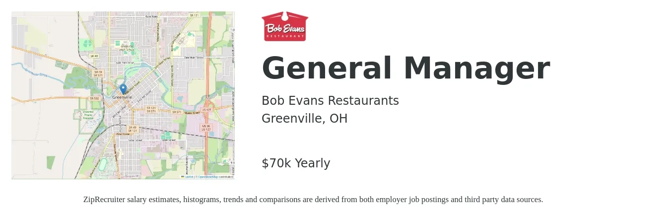 Bob Evans Restaurants job posting for a General Manager in Greenville, OH with a salary of $70,000 Yearly with a map of Greenville location.