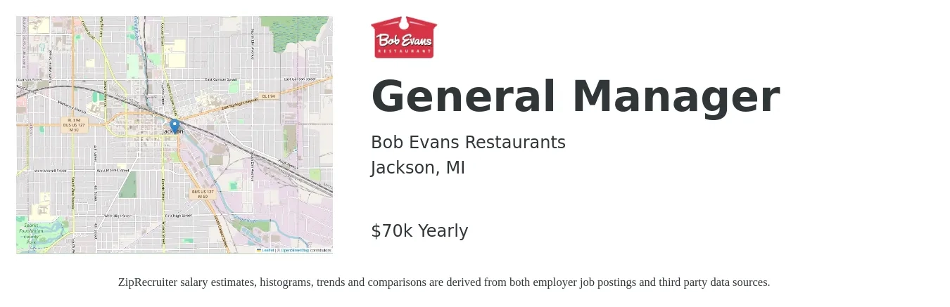 Bob Evans Restaurants job posting for a General Manager in Jackson, MI with a salary of $70,000 Yearly with a map of Jackson location.