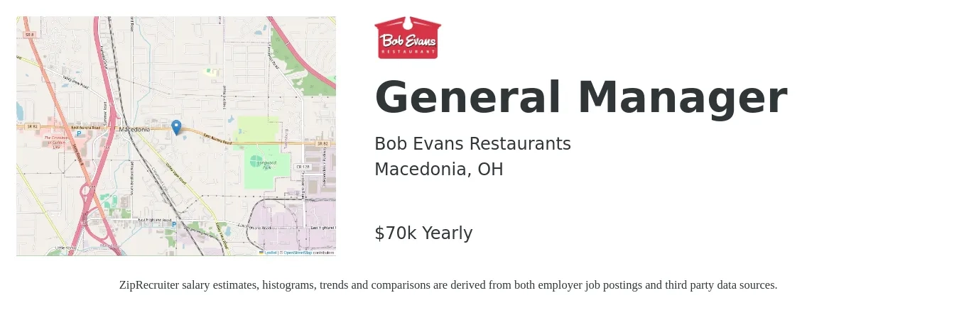 Bob Evans Restaurants job posting for a General Manager in Macedonia, OH with a salary of $70,000 Yearly with a map of Macedonia location.