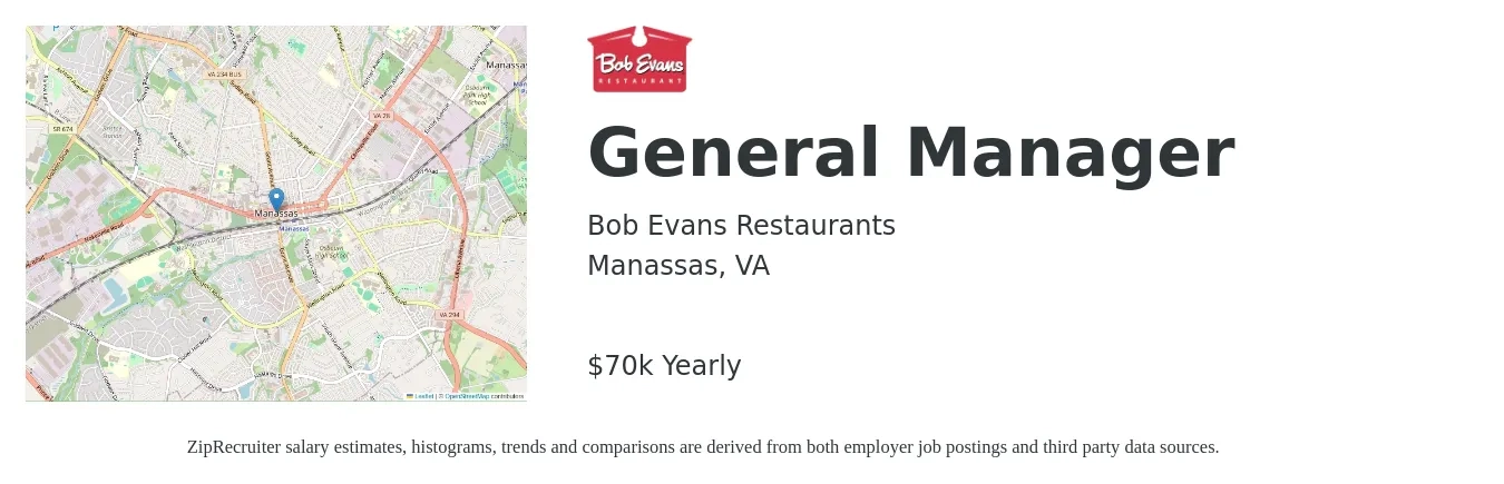 Bob Evans Restaurants job posting for a General Manager in Manassas, VA with a salary of $70,000 Yearly with a map of Manassas location.