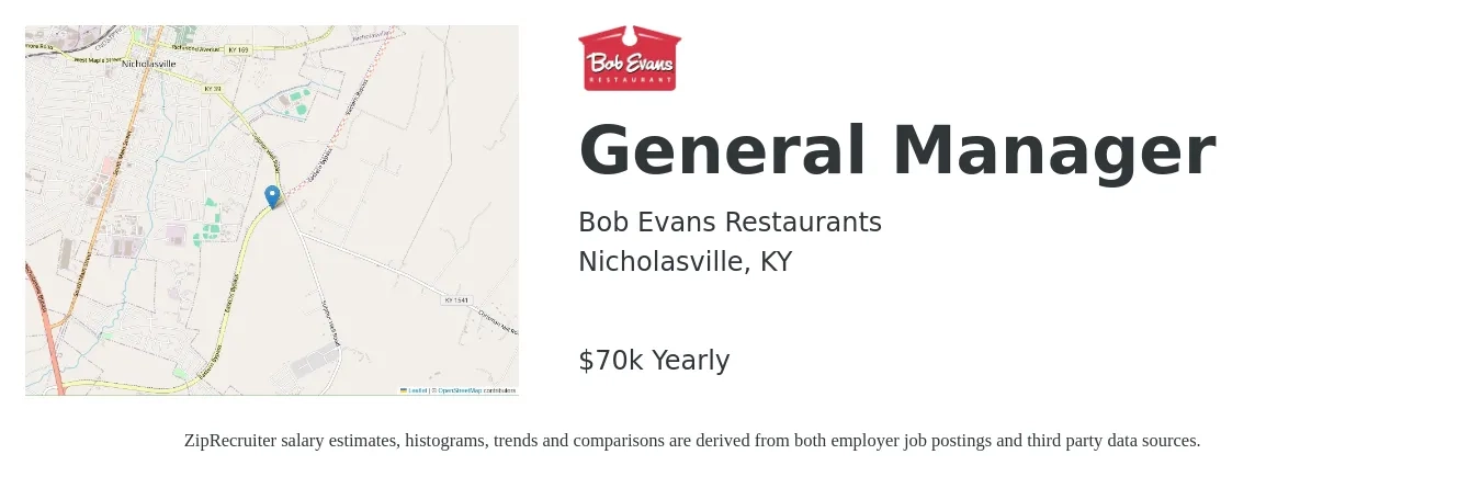 Bob Evans Restaurants job posting for a General Manager in Nicholasville, KY with a salary of $70,000 Yearly with a map of Nicholasville location.