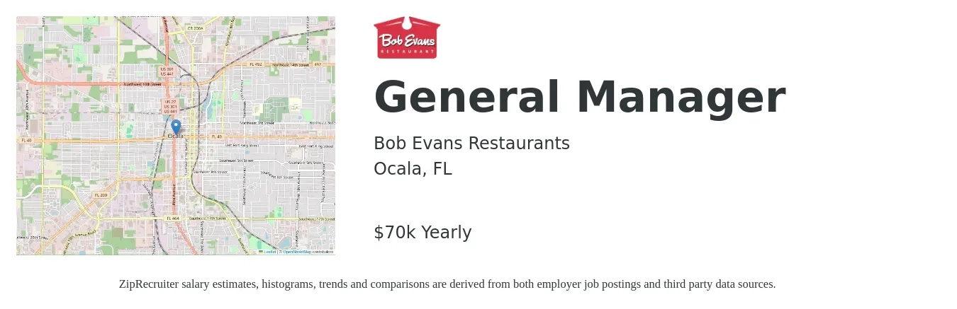 Bob Evans Restaurants job posting for a General Manager in Ocala, FL with a salary of $70,000 Yearly with a map of Ocala location.