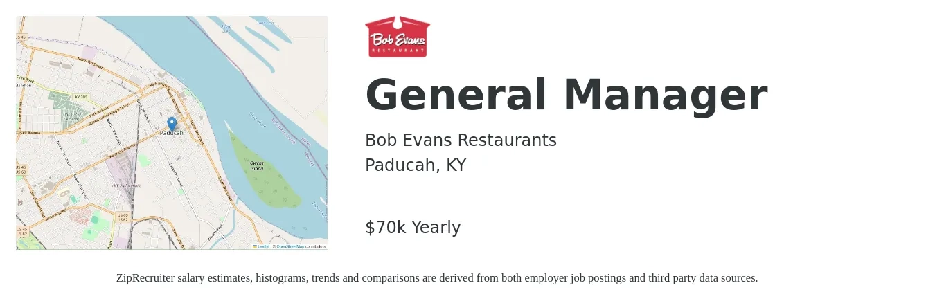 Bob Evans Restaurants job posting for a General Manager in Paducah, KY with a salary of $70,000 Yearly with a map of Paducah location.