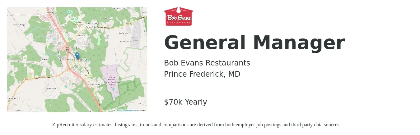 Bob Evans Restaurants job posting for a General Manager in Prince Frederick, MD with a salary of $70,000 Yearly with a map of Prince Frederick location.
