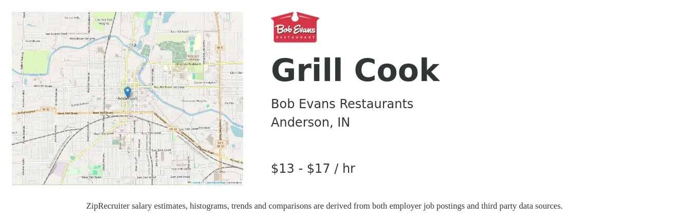 Bob Evans Restaurants job posting for a Grill Cook in Anderson, IN with a salary of $14 to $18 Hourly with a map of Anderson location.