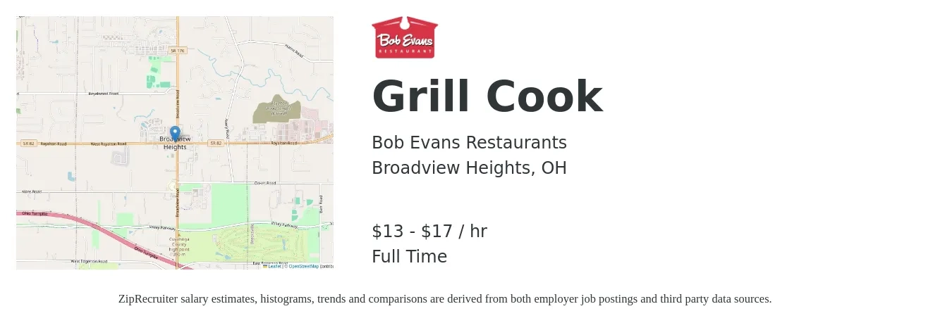 Bob Evans Restaurants job posting for a Grill Cook in Broadview Heights, OH with a salary of $14 to $18 Hourly with a map of Broadview Heights location.