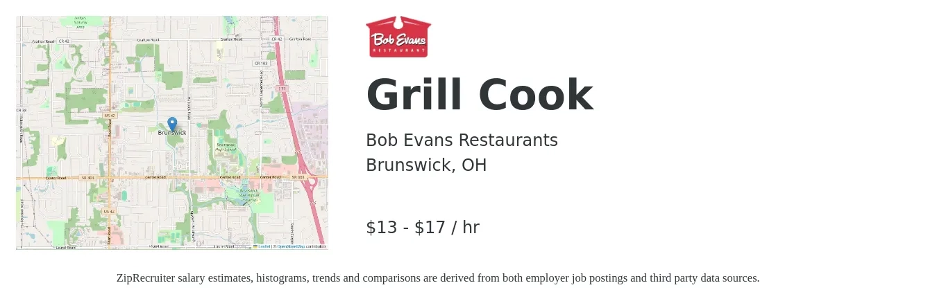 Bob Evans Restaurants job posting for a Grill Cook in Brunswick, OH with a salary of $14 to $18 Hourly with a map of Brunswick location.