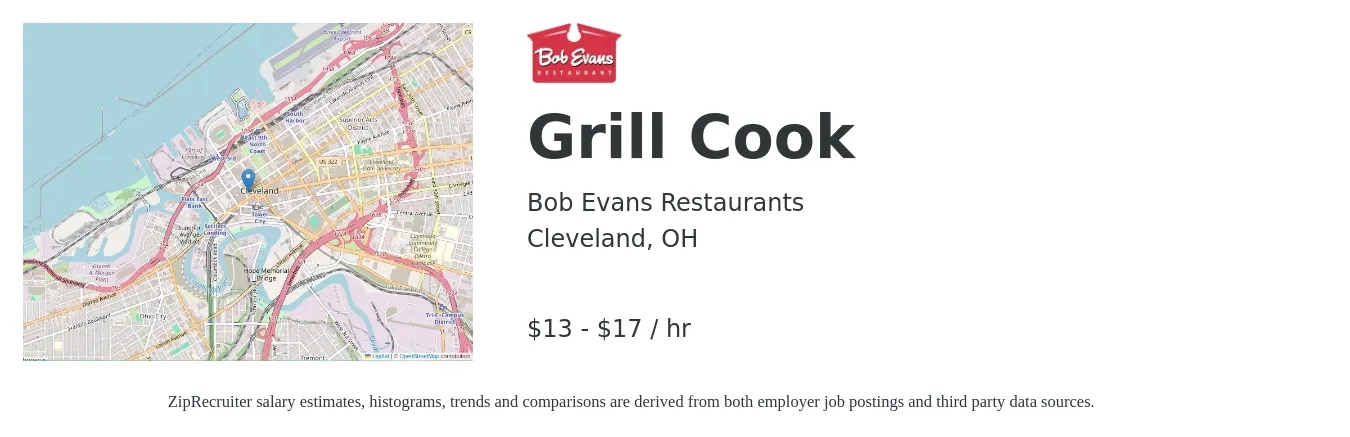 Bob Evans Restaurants job posting for a Grill Cook in Cleveland, OH with a salary of $14 to $18 Hourly with a map of Cleveland location.