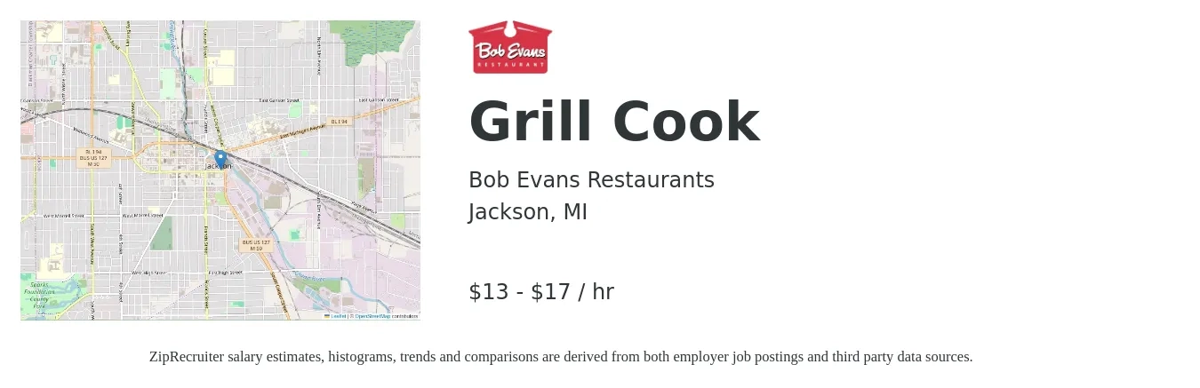 Bob Evans Restaurants job posting for a Grill Cook in Jackson, MI with a salary of $14 to $18 Hourly with a map of Jackson location.