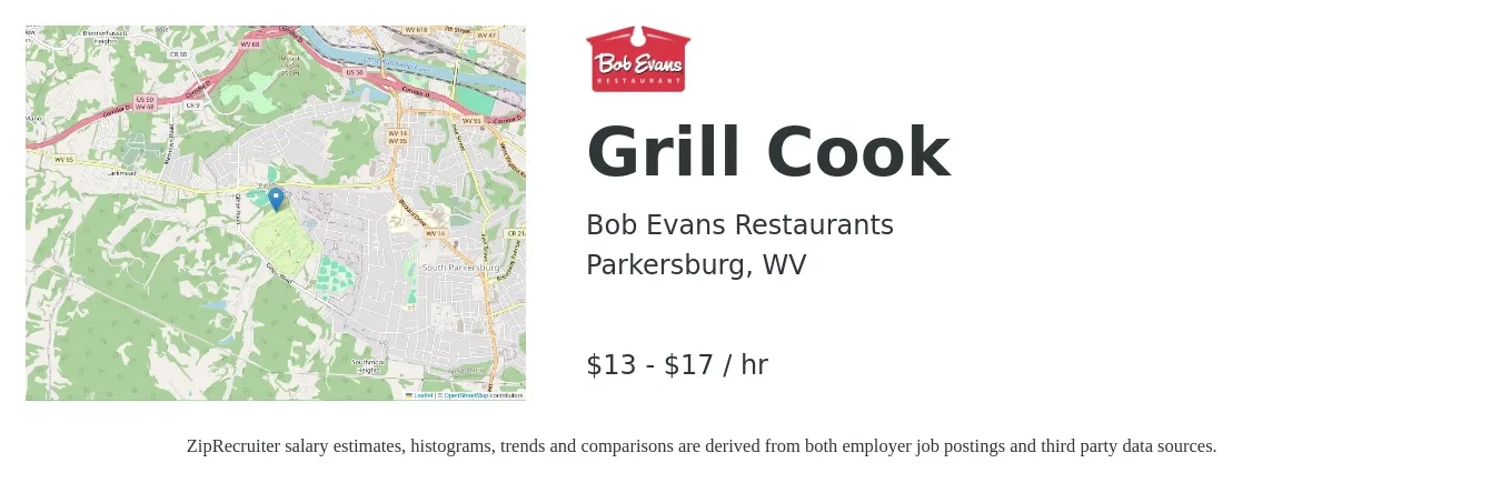 Bob Evans Restaurants job posting for a Grill Cook in Parkersburg, WV with a salary of $14 to $18 Hourly with a map of Parkersburg location.