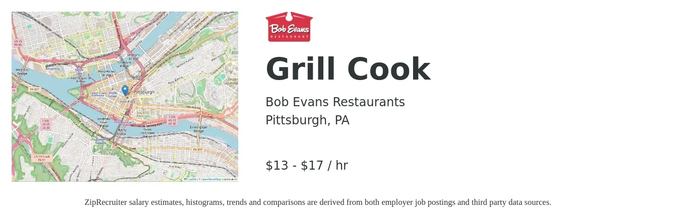 Bob Evans Restaurants job posting for a Grill Cook in Pittsburgh, PA with a salary of $14 to $18 Hourly with a map of Pittsburgh location.