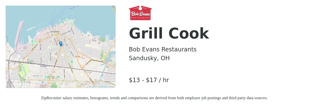 Bob Evans Restaurants job posting for a Grill Cook in Sandusky, OH with a salary of $14 to $18 Hourly with a map of Sandusky location.